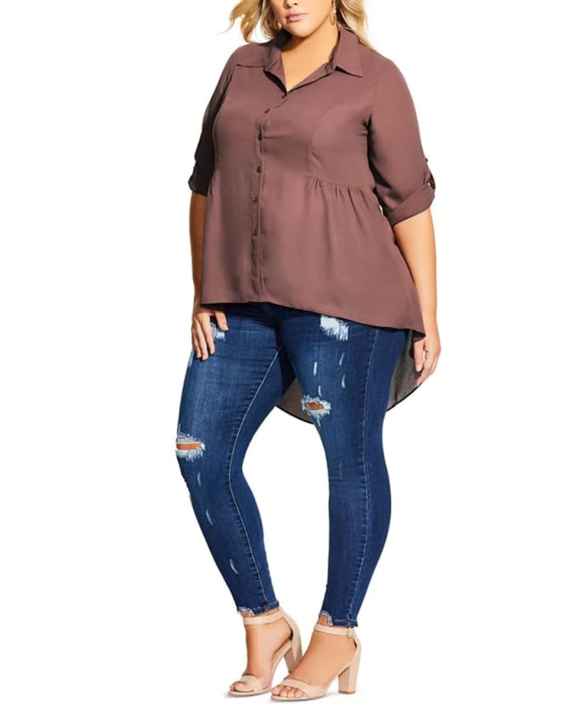 Front of a model wearing a size 18W City Chic Women's Trendy Plus High Low Collared Shirt -Brown Size 18W in Brown by City Chic. | dia_product_style_image_id:313687